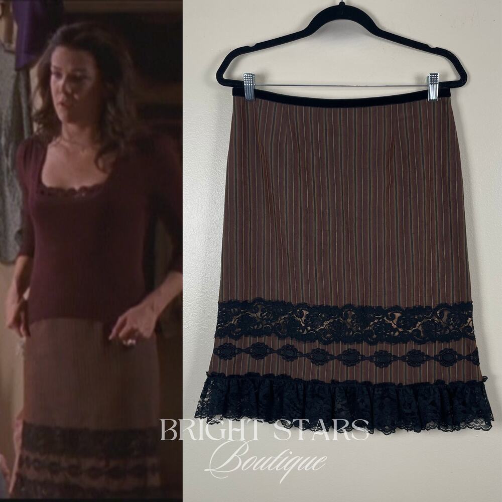 Rare Brown Stripe Lace Trim Pencil Skirt ASO Lorelai Gilmore Girls Vintage Y2K